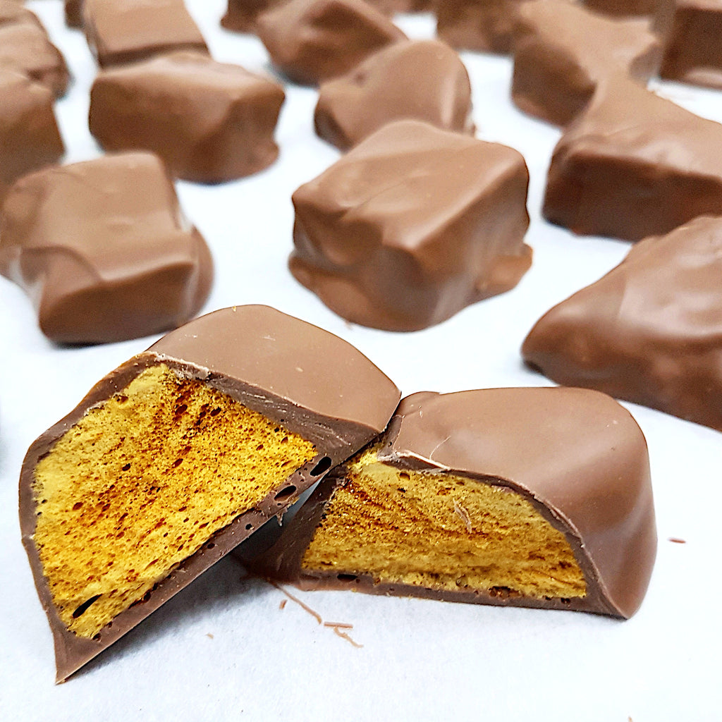 Handmade honeycomb pieces, beautifully rich honey flavour, made with local Pointer Mountain honey by Woodstock Chocolate Co in Milton NSW